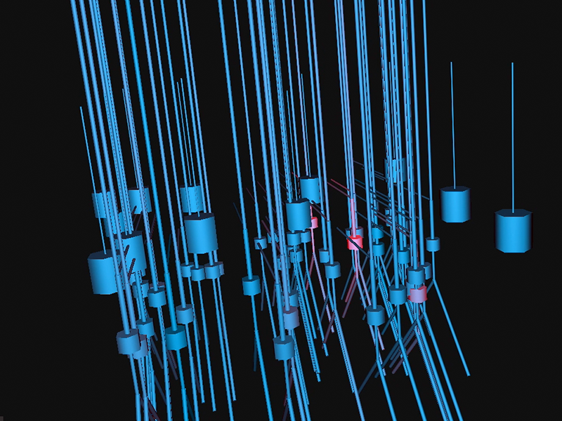 A 3D network model rendered as blue cylindrical cell bodies with long processes, a few highlighted in red